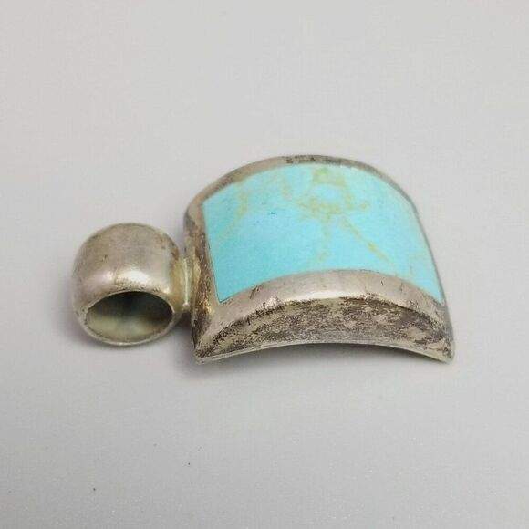 Vintage Mexican Sterling Silver Blue Turquoise Pendant, Curved Shape, Mexico - Picture 7 of 8